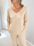 woloong V-Neck Long Sleeves Loose Solid Color Shirt Top + Pants Bottom Pajama Sets