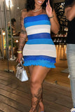 woloong - Blue Sexy Patchwork Backless Contrast Strapless Wrapped Skirt Dresses