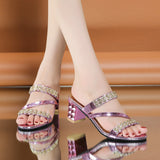 Glamorous Womens Rhinestone High Heels - Elegant Open-Toe Slip-On Sandals for Evening Events