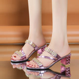 Glamorous Womens Rhinestone High Heels - Elegant Open-Toe Slip-On Sandals for Evening Events