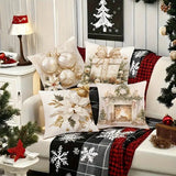 4pcs Christmas Throw Pillow Covers Set - Golden & Silvery Festive Designs with Gift Box, Bells & Flowers - Invisible Zipper for Easy Home Sofa Decor - Linen Square Printed Cushion Cases (No Insert)