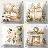 4pcs Christmas Throw Pillow Covers Set - Golden & Silvery Festive Designs with Gift Box, Bells & Flowers - Invisible Zipper for Easy Home Sofa Decor - Linen Square Printed Cushion Cases (No Insert)