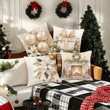 4pcs Christmas Throw Pillow Covers Set - Golden & Silvery Festive Designs with Gift Box, Bells & Flowers - Invisible Zipper for Easy Home Sofa Decor - Linen Square Printed Cushion Cases (No Insert)