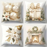 4pcs Christmas Throw Pillow Covers Set - Golden & Silvery Festive Designs with Gift Box, Bells & Flowers - Invisible Zipper for Easy Home Sofa Decor - Linen Square Printed Cushion Cases (No Insert)