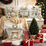 4pcs Christmas Throw Pillow Covers Set - Golden & Silvery Festive Designs with Gift Box, Bells & Flowers - Invisible Zipper for Easy Home Sofa Decor - Linen Square Printed Cushion Cases (No Insert)