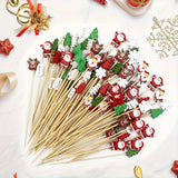 100-Pack Christmas Cocktail Sticks with Festive Snowflake, Snowman, Reindeer, and Tree Designs - Bamboo Picks for Holiday Drinks, Appetizers, and Party Decorations