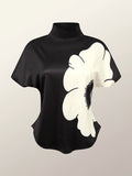 woloong Short Sleeves Skinny Flower Print High Neck T-Shirts Tops