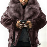 2025 wish  men's PU leather jacket fur integrated belt thick jacket large fur collar 6514
