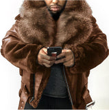 2025 wish  men's PU leather jacket fur integrated belt thick jacket large fur collar 6514