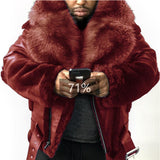 2025 wish  men's PU leather jacket fur integrated belt thick jacket large fur collar 6514