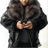 2025 wish  men's PU leather jacket fur integrated belt thick jacket large fur collar 6514