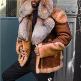 Wish  Thickened PU Leather Jacket Lamb Fur Integrated Short Coat Big Fox Fur Collar Men's Jacket