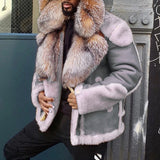 Wish  Thickened PU Leather Jacket Lamb Fur Integrated Short Coat Big Fox Fur Collar Men's Jacket