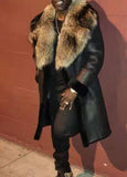 Wish  PU fur integrated long coat khaki imitation crystal fox hair big fur collar men's clothing 6515