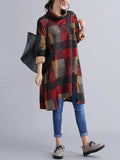woloong Artistic Retro Loose Long Sleeves Contrast Color Plaid Heaps Collar Midi Dresses