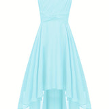 Knee High Elegant One-Shoulder Chiffon Fit and Flare Dress for Girls - Shimmering Rhinestone, Medium Stretch, Sleeveless, Pleated Hem, Solid Color, Hand Wash - Perfect for Junior Bridesmaid, Wedding, Pageant, and Party Occasions