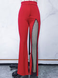 woloong Zipper Split-Joint Mesh Asymmetric High Waisted Pants Flared Trousers