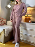woloong V-Neck Long Sleeves Loose Solid Color Shirt Top + Pants Bottom Pajama Sets