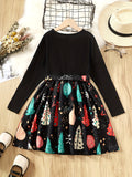 Long Sleeve Girls Christmas Tree Graphic Dress With Bow Belt For Fall Party