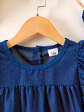 Girls Charming Denim Ruffle Dress with Adorable Button Detail - Flouncy Sleeveless Design for Fun Summer Holidays