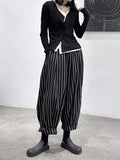 woloong Striped Patterns Split-Joint High-Waisted Wide Leg Loose Trousers Pants