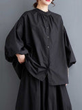 woloong Solid Color Pleated Hollow Buttoned Puff Sleeves Nine-Minute Sleeve Round-Neck Blouses&Shirts Tops