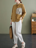 woloong Vintage Long Sleeves Loose Embroidered Lapel Collar Blouses&Shirts Tops