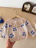 Adorable Cherry Pattern Ruffle Decor Knitted Cardigan - Soft Cotton, Casual Button Down, Toddler & Infant Girl's Fall Winter Sweater - Perfect for Daily Wear, Photoshoots, and Special Occasions