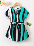 Girls Color Block Vertical Striped Short Sleeve Notch Neck Curved Hem Dress With Belt Kids Summer Clothes