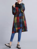 woloong Artistic Retro Loose Long Sleeves Contrast Color Plaid Heaps Collar Midi Dresses