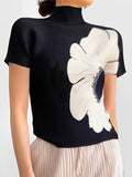 woloong Short Sleeves Skinny Flower Print High Neck T-Shirts Tops