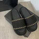 Paris Women Platform Sandals Designer Sliders Summer Slippers Luxury Metal Chain Hemp Rope Beach Slides Thick Soles Sandals Shoes Sizee 35-42