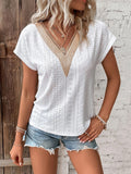 woloong Split-Joint Jacquard Hollow Short Sleeves Raglan Sleeve V-Neck T-Shirts Tops