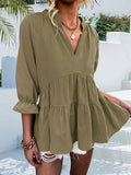woloong Split-Joint Solid Color Pleated Elasticity Three-Quarter Sleeves Loose V-Neck T-Shirts Tops