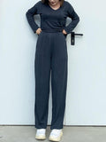 woloong V-Neck Long Sleeves Loose Solid Color Shirt Top + Pants Bottom Pajama Sets