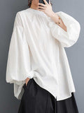woloong Solid Color Pleated Hollow Buttoned Puff Sleeves Nine-Minute Sleeve Round-Neck Blouses&Shirts Tops