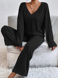 woloong V-Neck Long Sleeves Loose Solid Color Shirt Top + Pants Bottom Pajama Sets