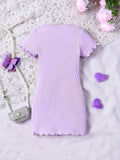 Girls' Ribbed Knit Solid Color Round Neck Dress with Butterfly Applique, Casual Style, Purple - Kids' Fashion Clothing