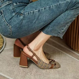 woloong  New Retro Style Female Summer Fashion Low-heeled Square Head Leather Hollow Fine Heel Baotou Metal Decoration Woman Sandals