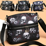 Vibrant Floral Skull Crossbody Bag for Women - Adjustable Strap, Lightweight, Multi-Functional Travel Purse with Polyester Lining, Random Printed Flowers Pattern, Casual Punk Style for Daily Commuter and Work - Zipper Closure, Nylon Material