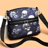 Vibrant Floral Skull Crossbody Bag for Women - Adjustable Strap, Lightweight, Multi-Functional Travel Purse with Polyester Lining, Random Printed Flowers Pattern, Casual Punk Style for Daily Commuter and Work - Zipper Closure, Nylon Material