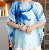woloong Batwing Sleeves Loose Flower Print Zipper Mock Neck Blouses&shirts Tops