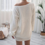 woloong Long-sleeved One-piece collar Loose Knit Sweater Dress