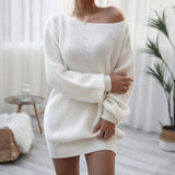 woloong Long-sleeved One-piece collar Loose Knit Sweater Dress