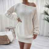 woloong Long-sleeved One-piece collar Loose Knit Sweater Dress