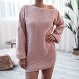 woloong Long-sleeved One-piece collar Loose Knit Sweater Dress