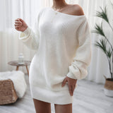 woloong Long-sleeved One-piece collar Loose Knit Sweater Dress