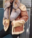 Wish  Thickened PU Leather Jacket Lamb Fur Integrated Short Coat Big Fox Fur Collar Men's Jacket