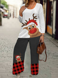 Women's Elegant Christmas Reindeer Print Knit Top & Wide-Leg Pants Set - Crew Neck, Long Sleeve, Stretchy Polyester Blend, Machine Washable - Festive Holiday Outfit