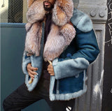 Wish  Thickened PU Leather Jacket Lamb Fur Integrated Short Coat Big Fox Fur Collar Men's Jacket